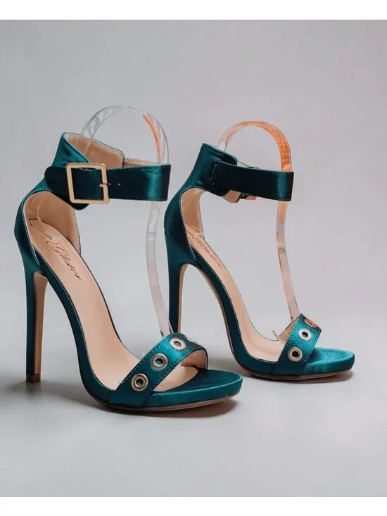 Teal Satin High Heel Sandals With Ankle Strap & Grommet Detail Womens - Picture 2 of 13